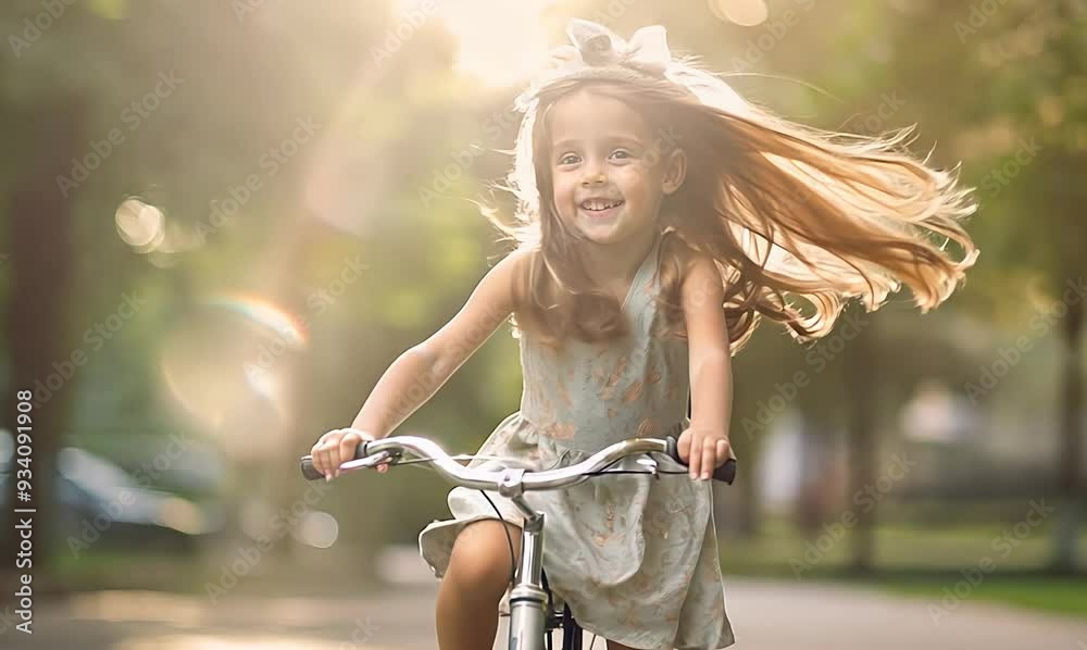 Little girl riding a bicycle in the park. Happy child riding a bicycle.