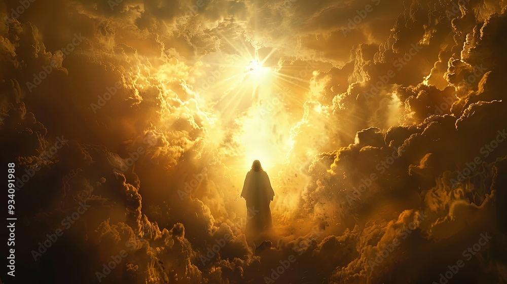 Fototapeta premium A solitary figure stands amidst a glowing, radiant golden sky filled with dramatic, voluminous clouds, creating a heavenly and ethereal atmosphere.