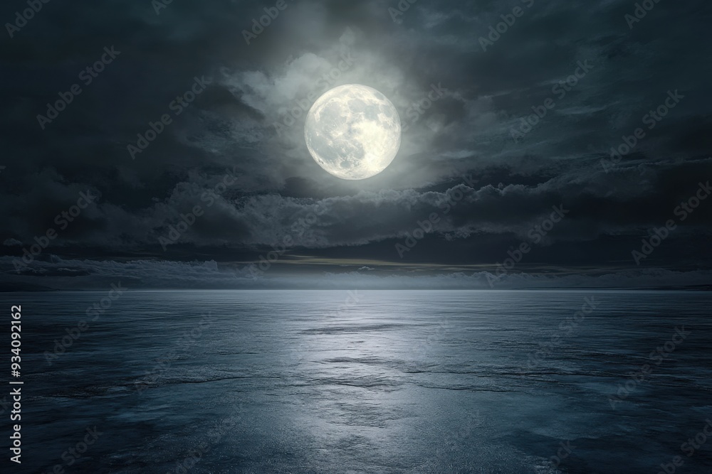 A serene full moon illuminates a calm ocean under a cloudy night sky.