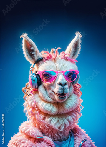 Cyberpunk DJ lama with pink hippie heartshape sunglasses and headphones, vaporwave, neon colors