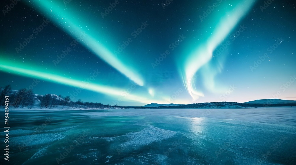 The Northern Lights dancing across a frozen lake, aurora borealis background, astrophotography vibrance The Northern Lights dancing across a frozen lake, aurora borealis background, astrophotography vibrance