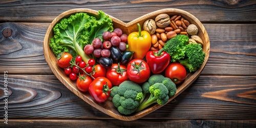 Heart-Shaped Bowl of Fresh Fruits and Vegetables, Healthy Eating, Diet Food, Heart Health , Nutrition photo