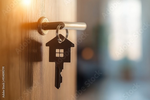 Close-up of a house-shaped key in a door lock with warm sunlight illuminating the scene.