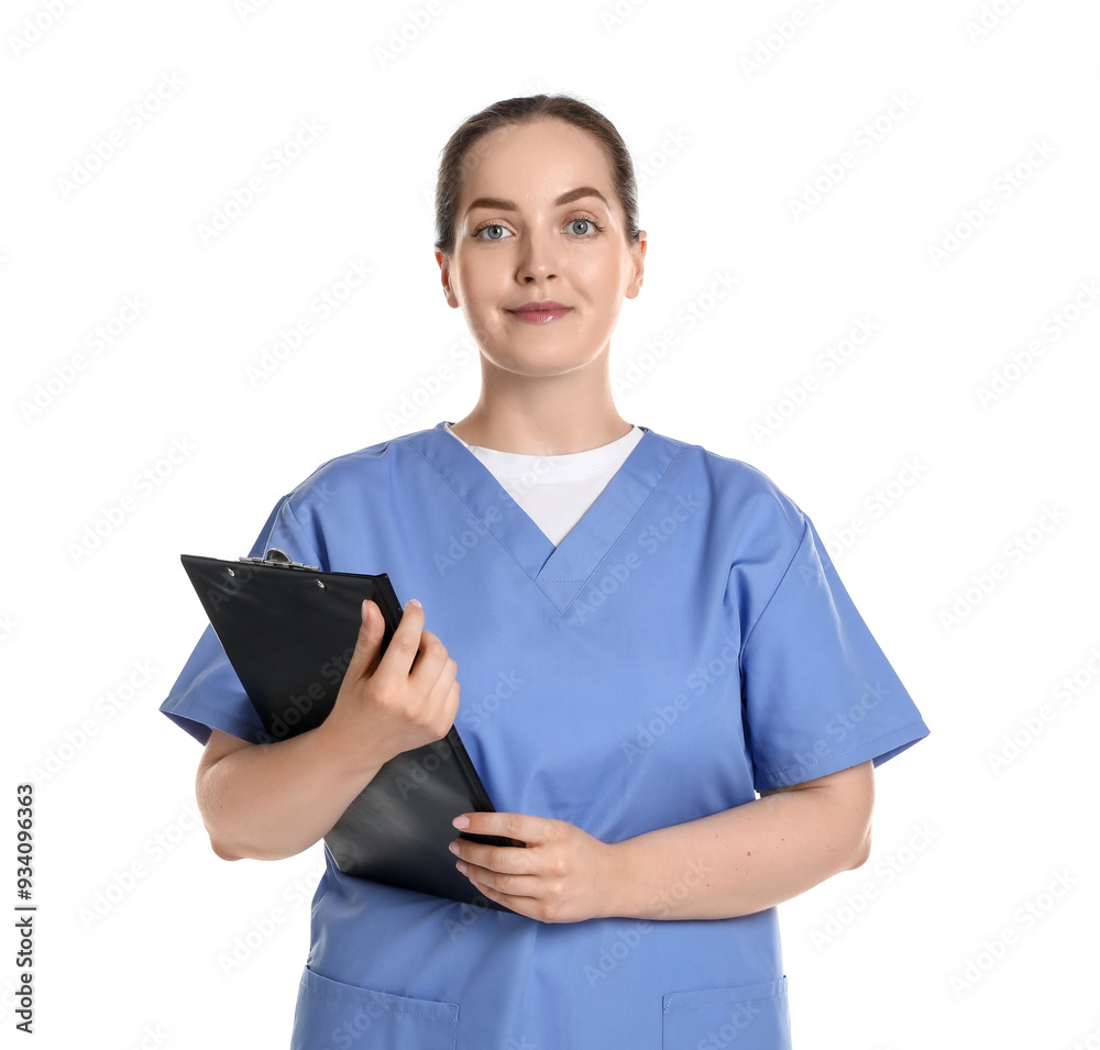 Professional nurse with clipboard on white background Professional nurse with clipboard on white background