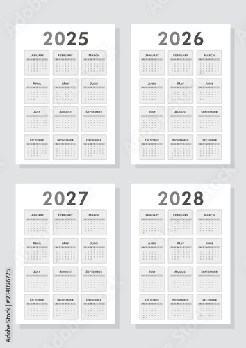 Set of calendars 2025, 2026, 2027, 2028 years. Black and white vertical classic A4 calendar templates. Week starts Monday. Yearly planner layout with 12 month. Vector illustration