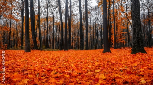 A colorful autumn scene with a blanket of orange leaves covering the ground, complemented by tall, bare trees