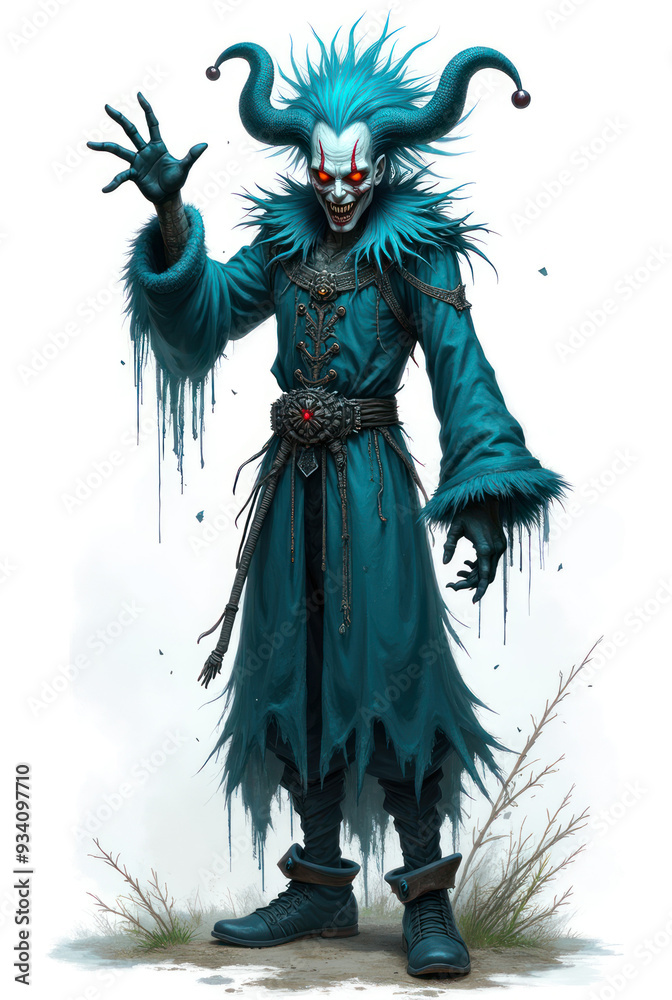 Fototapeta premium Twisted Aqua Jester Character , dark fantasy aesthetic, high-detail illustration, epic fantasy artwork, character concept art, rich color palette, dark and gritty style.