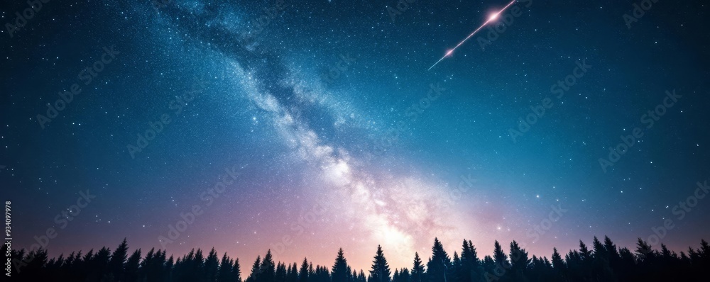 Long exposure of a meteor shower over a forest, space background, astrophotography motion Long exposure of a meteor shower over a forest, space background, astrophotography motion