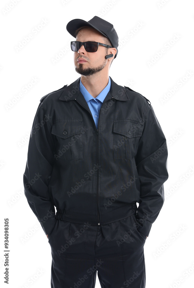 Security guard in uniform and sunglasses isolated on white Security guard in uniform and sunglasses isolated on white
