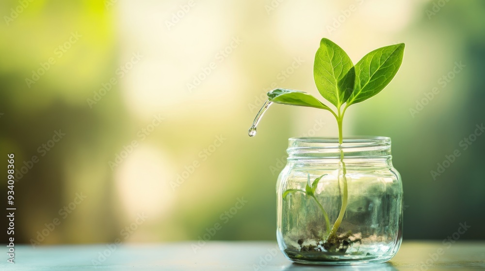 A fresh green sprout receives a careful watering from a clear glass jar, set against a soft, light-colored background. A fresh green sprout receives a careful watering from a clear glass jar, set against a soft, light-colored background.