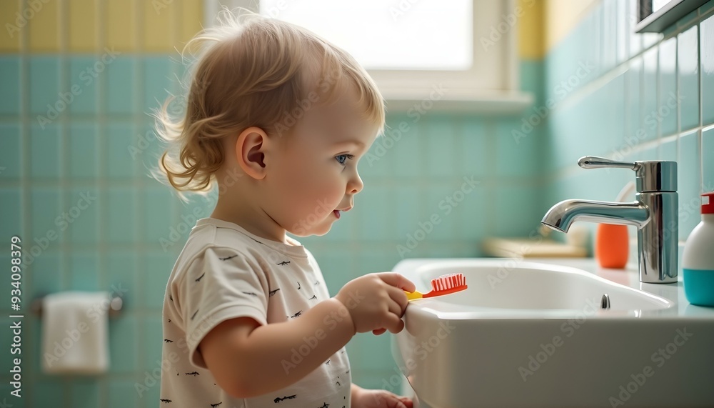 A small child stands in front of a bathroom sink with a toothbrush in hand, Child in bathroom sink, A small child stands in front of a bathroom sink with a toothbrush in hand, Child in bathroom sink,