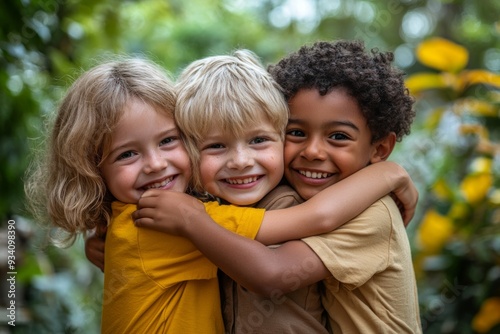 children and friends hugging in a park together for fun, bonding or playing in summer. Hug, kids and diversity with boy best friends embracing in a garden in the day during school, Generative AI