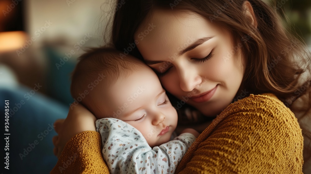 A mother lovingly embraces her sleeping baby in a cozy indoor setting during the afternoon A mother lovingly embraces her sleeping baby in a cozy indoor setting during the afternoon