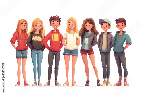 illustrations, group of smiling friends standing together. Set Fashion teenage boys and girls embracing each other. Happy people isolated on white background. Detalized, Generative AI photo