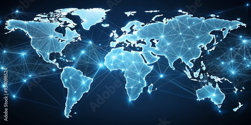 Global Network Connection World Map with Glowing Lines and Nodes, network, connection, global, technology #934098524