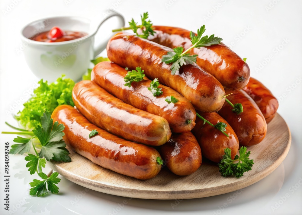 Juicy, plump boiled sausages arranged artfully on a clean white background, freshly cooked and steaming hot, perfect for snacks or casual gatherings. Juicy, plump boiled sausages arranged artfully on a clean white background, freshly cooked and steaming hot, perfect for snacks or casual gatherings.