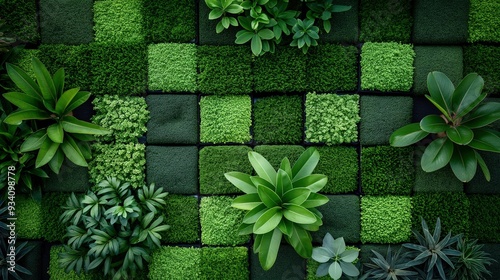 Green plants and mosses top view image. Eco system model. Botanical species collection in garden photography scene wallpaper. Wild flora conservation concept photorealistic photo photo