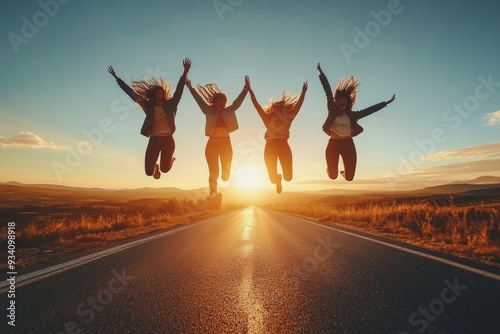 four friend jump on the road at sunset, Generative AI