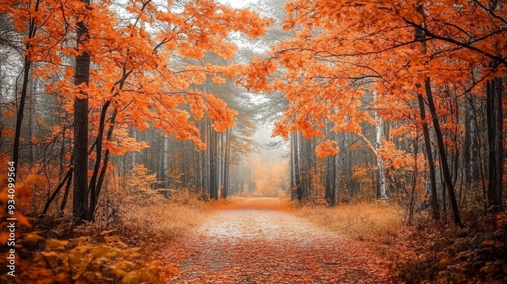 Fototapeta premium A picturesque view of a forest with a canopy of orange leaves creating a warm and inviting atmosphere