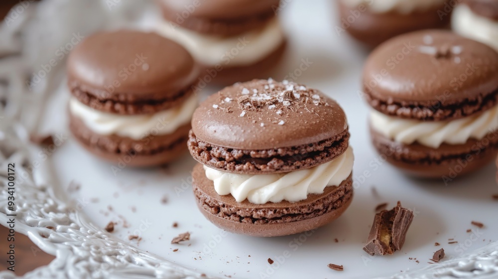 close-up of chocolate macarons with white whipped cream close-up of chocolate macarons with white whipped cream
