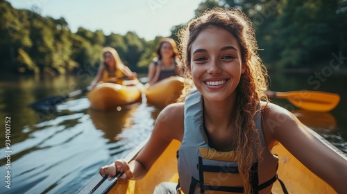 Smiling young friends canoeing together on a lake in summer, Generative AI