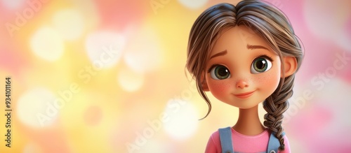3D Cartoon Portrait of an Eleven Year Old Cute Girl on a Bright Background