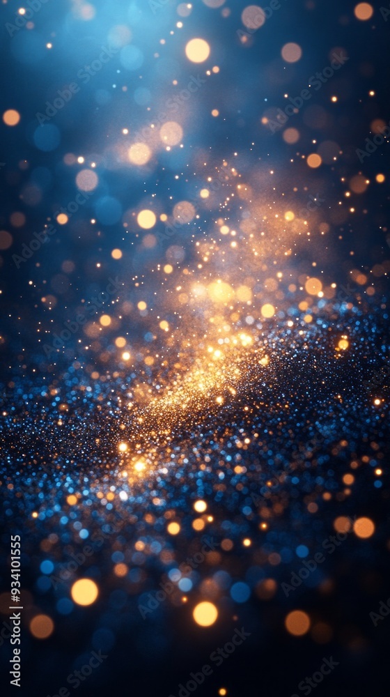 Obraz premium Golden particles sparkle as they swirl gracefully through a vibrant blue expanse, evoking a sense of wonder and tranquility in a dreamlike setting