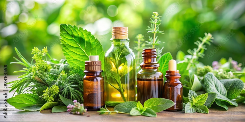 Essential Oils and Herbs Bottles of Natural Extracts Surrounded by Lush Greenery, essential oil, herbal remedy, natural health, aromatherapy Essential Oils and Herbs Bottles of Natural Extracts Surrounded by Lush Greenery, essential oil, herbal remedy, natural health, aromatherapy