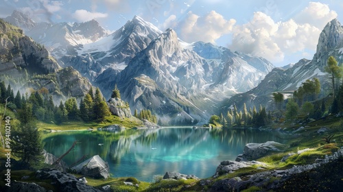 Mountain Lake with Snow-Capped Peaks.