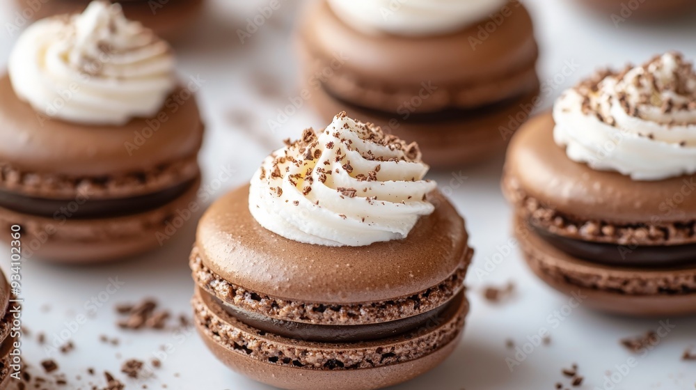 close-up of chocolate macarons with white whipped cream close-up of chocolate macarons with white whipped cream
