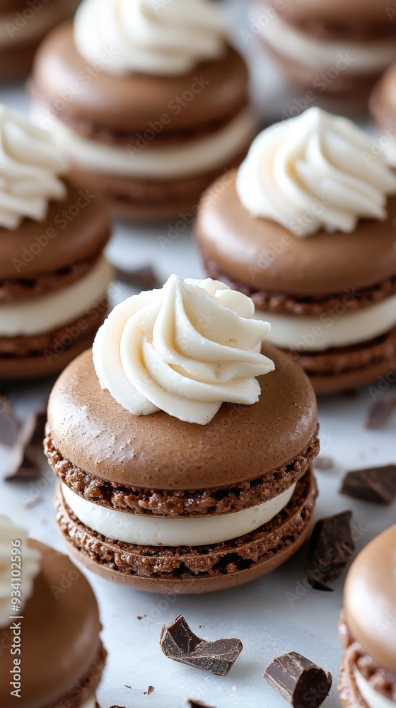 close-up of chocolate macarons with white whipped cream close-up of chocolate macarons with white whipped cream