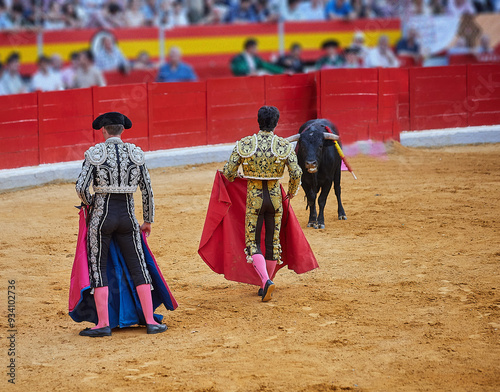 Bullfighters in traditional attire confront a bull in a Spanish arena. For editors, for designers.