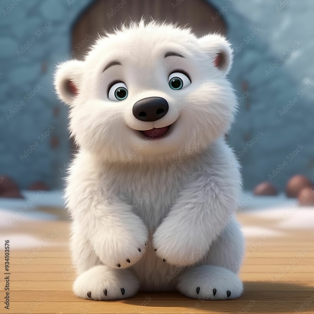 Cute animated polar bear cub sitting and smiling in a snowy environment with wooden flooring Cute animated polar bear cub sitting and smiling in a snowy environment with wooden flooring