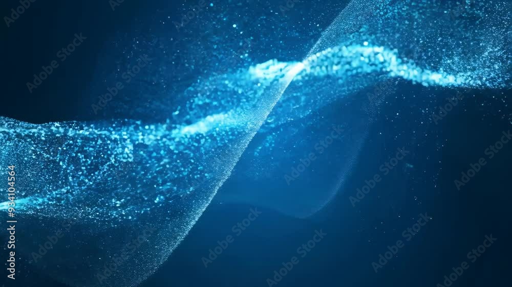 Abstract blue glitter wave flowing in the empty black space. Festive backdrop with floating shimmer simulation for Christmas, holiday, presentation, party or promo clip.
