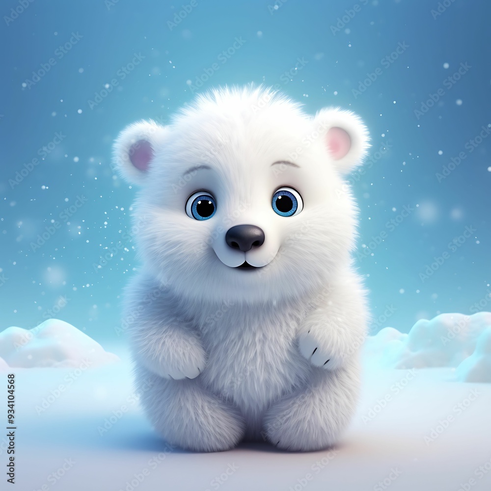 A cute, fluffy polar bear cub stands playfully on a snowy landscape with a blue background during a serene winter day A cute, fluffy polar bear cub stands playfully on a snowy landscape with a blue background during a serene winter day