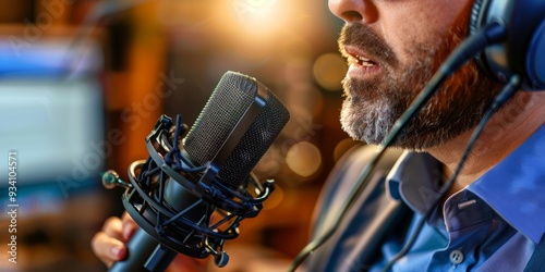 Man Speaking into Microphone with Headphones On