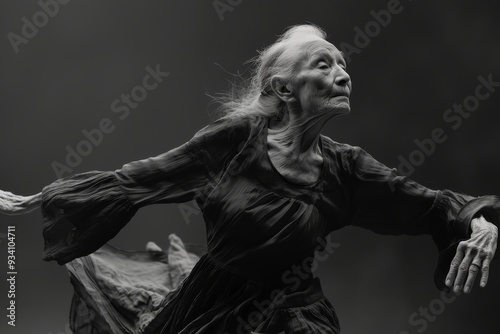 An ageing dancer with arthritis, portraying elegant movements that tell story of grace in the face of adversity