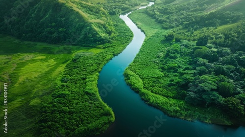 Aerial View of Serpentine River Through Lush Green Landscape.