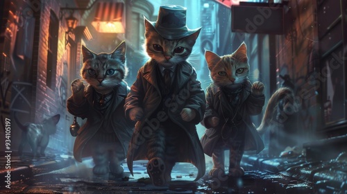 Three Cats Walking in the Alleyway.