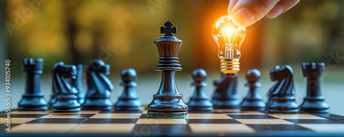 A chessboard where one piece is being replaced by a glowing light bulb, illustrating the moment when a new idea becomes the central strategy
