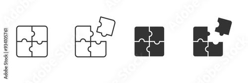 4 piece of puzzles idea illustration in 4 variations filled and outlined. Vector icons in flat style