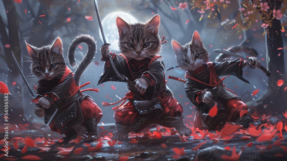 Fototapeta premium Ninja Cats Under the Moon.