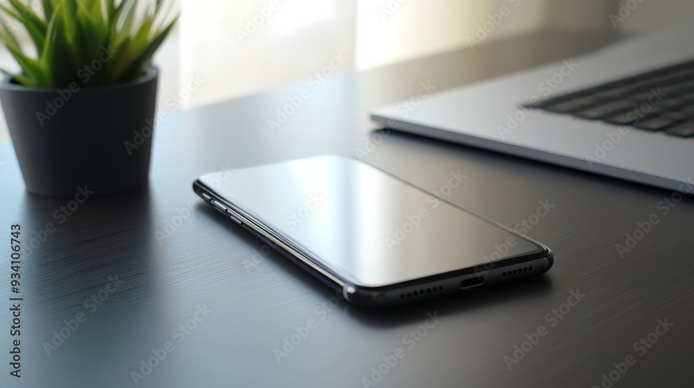 Close-up of a modern smartphone lying on a desk with a blank display and an uncluttered backdrop Close-up of a modern smartphone lying on a desk with a blank display and an uncluttered backdrop