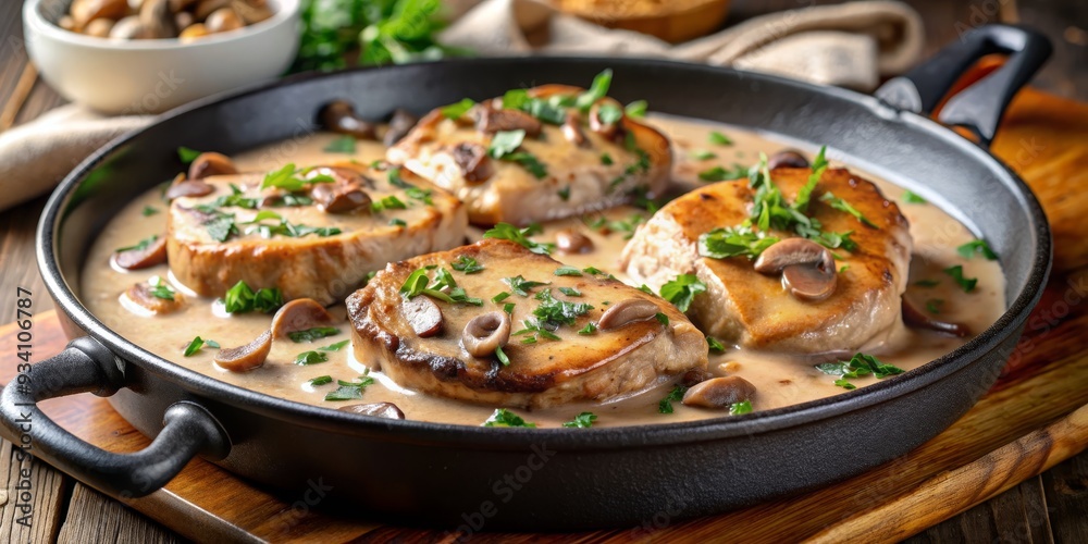 Close-Up of Delicious Pork Medallions in Creamy Mushroom Sauce, cast iron pan, rustic wood background, gourmet food photography, pork, mushroom, sauce