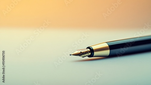 A close-up of a pen on a blank page, symbolizing creativity and the lyricist's journey, with a soft light solid color background photo