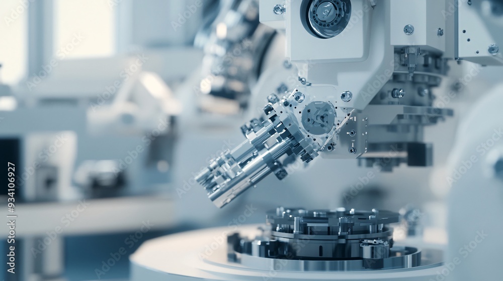 A close-up view of an automated machine feeder with precision components, set against a light solid color background A close-up view of an automated machine feeder with precision components, set against a light solid color background
