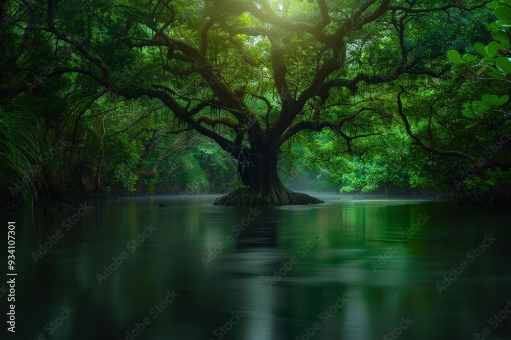 Pine tree and lake in Kiyosumi-Park. Beautiful simple AI generated image Pine tree and lake in Kiyosumi-Park. Beautiful simple AI generated image