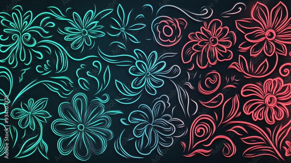 A vibrant floral design featuring intricate line art of various flowers in teal and red against a dark background.