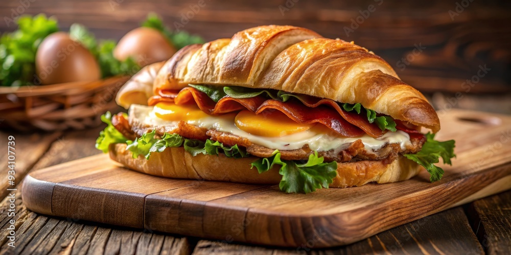 Close-Up of a Croissant Sandwich with Bacon, Egg, and Cheese on a Wooden Cutting Board, breakfast , sandwich , food , croissant Close-Up of a Croissant Sandwich with Bacon, Egg, and Cheese on a Wooden Cutting Board, breakfast , sandwich , food , croissant
