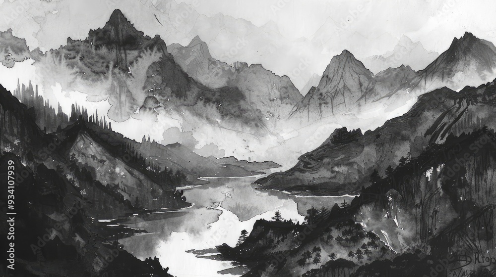 Obraz premium Ink and wash mountains and rivers , ai